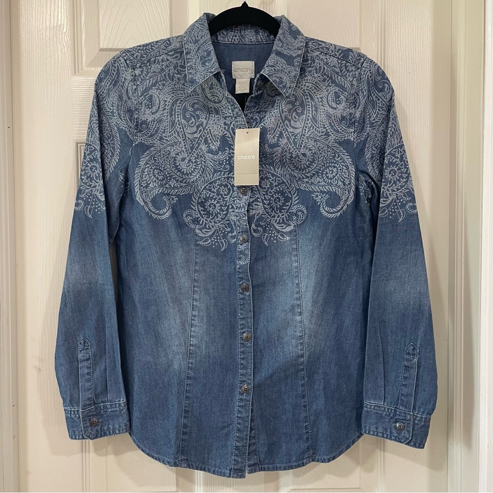 Chico's Blue Denim Shirt Cowboy Paisley Pattern